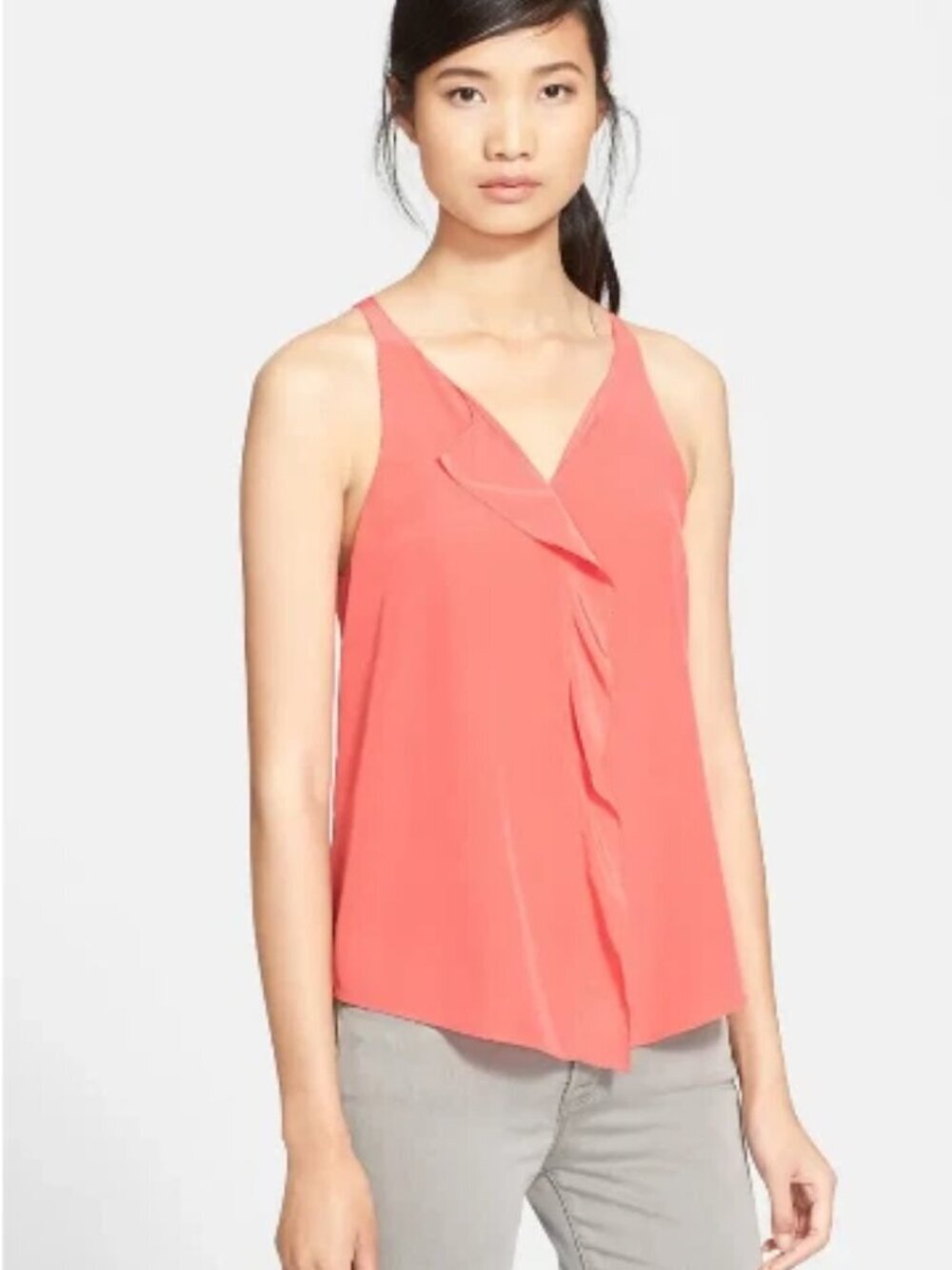 REBECCA TAYLOR Coral Pink Silk Crepe Cascade Ruffle V-Neck Blouse Top, Size 6